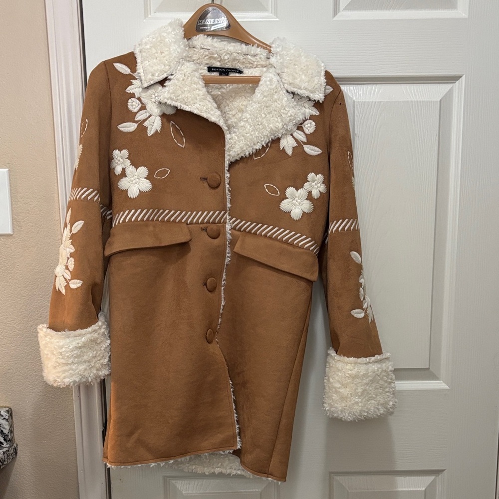Boston Proper Brown Teddy Jacket with Cream Embroidery
